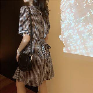 Plaid Tie-back Short-sleeve Mini A-line Dress
