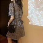 Plaid Tie-back Short-sleeve Mini A-line Dress