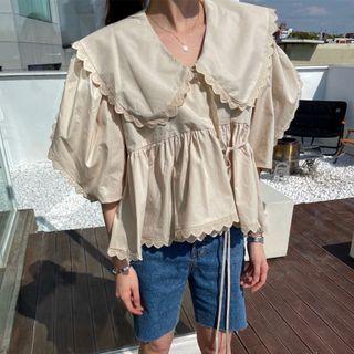 Puff-sleeve Wide-collar Lace Trim Blouse