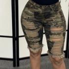 Camouflage Print Distressed Denim Shorts