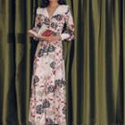 Long-sleeve Collared Floral Printed Midi Dress