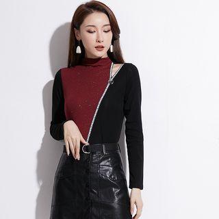 Mock-turtleneck Two-tone Cutout Knit Top