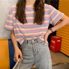 Round-neck Short-sleeve Rainbow Striped T-shirt Rainbow Stripe - One Size