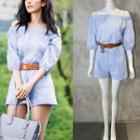 Off-shoulder Pinstripe Tie-waist Playsuit