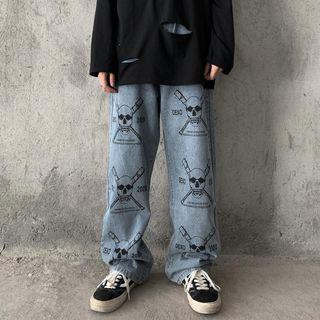 Skull Print Wide-leg Jeans
