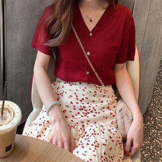 Short-sleeve Knit Top / Midi Heart Pattern A-line Skirt