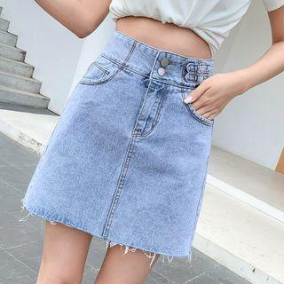 Washed Denim Frayed Mini A-line Skirt