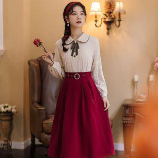 Bow Accent Shirt / Midi A-line Skirt / Set