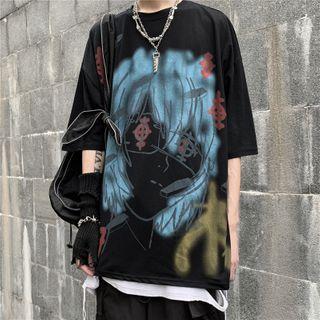 Cartoon Print Oversized Elbow-sleeve T-shirt