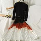 Details Patchwork Mock Two-piece Pleated Dress With Belt Black - One Size
