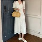 Short-sleeve V-neck Embroidered Midi A-line Dress Almond - One Size