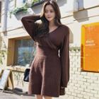 Long-sleeve A-line Knit Dress Brown - One Size