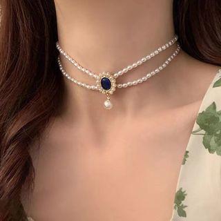 Faux Cat Eye Stone / Faux Gemstone Faux Pearl Layered Choker White - One Size