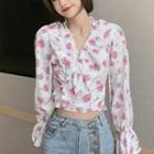 Floral Print Ruffled Cropped Blouse Floral Printed - White - One Size