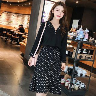 Set: Dotted Pane V-neck Blouse + High-waist Midi A-line Skirt