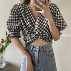 Puff-sleeve Gingham Check Crop Top Black & White - One Size