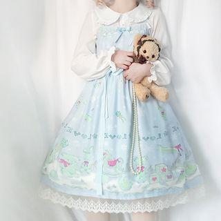 Sleeveless Printed A-line Dress / Bow Accent Long-sleeve Blouse