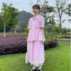 Elbow-sleeve Collared Plaid Blouse / Midi A-line Skirt