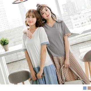 Short Sleeve Striped Panel V-neck Dress