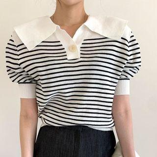 Short-sleeve Striped Knit Polo Shirt Black - One Size