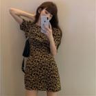 Short-sleeve Leopard Print Mini Sheath Dress As Shown In Figure - One Size