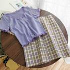 Set: Short-sleeve Frill Trim Buttoned Knit Top + Fitted Plaid Skirt