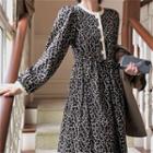 Long-sleeve Buttoned Floral Print Midi A-line Dress