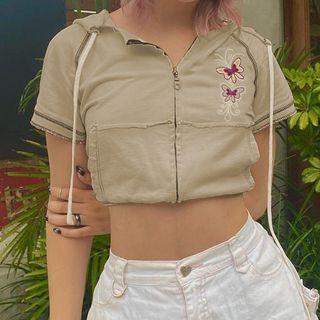 Short-sleeve Embroidered Hooded Zip-up Crop Top