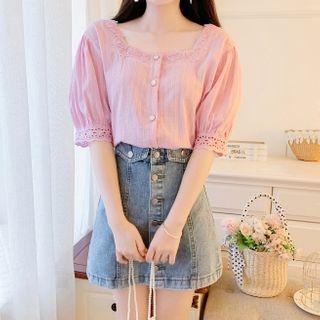 Elbow-sleeve Lace Trim Blouse / Button-up Denim Mini Skirt / Set