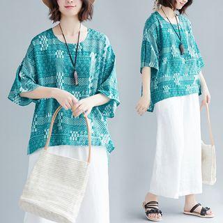 Retro Print Short-sleeve T Shirt Cyan - L
