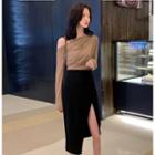 One-shoulder Long-sleeve Top/ Split-hem Midi H-line Skirt