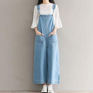 Eyelet Lace 3/4-sleeve Top / Wide-leg Denim Jumper Pants