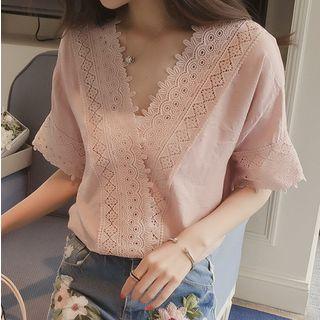 Elbow-sleeve Lace Paneled Chiffon Top