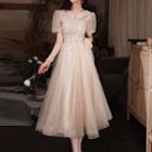 Short-sleeve Sheer A-line Evening Dress / Gown