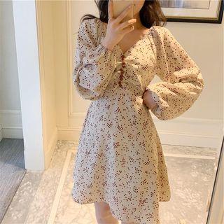 Long-sleeve Button Accent Floral Printed Dress As Shown In Figure - One Size