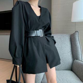 Set: Plain Open Jacket + Belt With Belt - Black - One Size