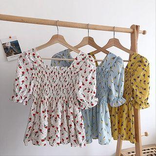 Floral Square-neck Frilled Flare-sleeve Chiffon Blouse