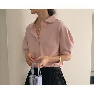 [dearest] Plain Puff-sleeve Polo Shirt Pink - One Size