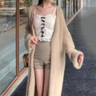 Open Front Midi Cardigan / Bow Detail Lace Camisole Top / High-waist Shorts