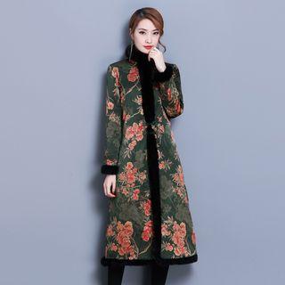 Faux Fur Trim Floral Frog-buttoned Long Jacket