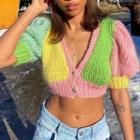 Short Sleeve Knitted Color-block Crop Top