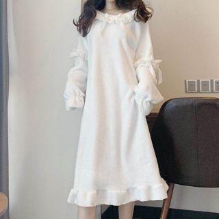 Frill-trim Long-sleeve Midi Sleep Dress