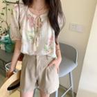 Short-sleeve Floral Print Blouse / High-waist Shorts
