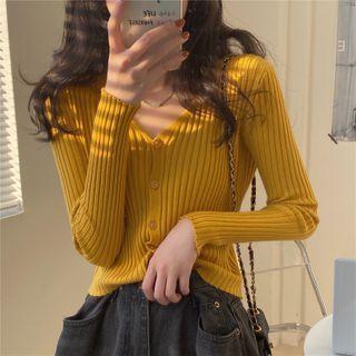 Long-sleeve Ribbed V-neck Knit Cardigan