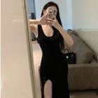 Sleeveless Slit Knit Midi Dress Black - One Size