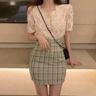 Short-sleeve Lace Blouse / Plaid A-line Skirt / Sleeveless Lace Blouse
