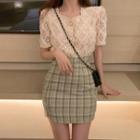 Short-sleeve Lace Blouse / Plaid A-line Skirt / Sleeveless Lace Blouse