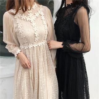 Set: Long-sleeve Mesh Panel Midi A-line Lace Dress + Slipdress