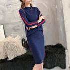 Set: Striped Long-sleeve Knit Top + Knit Skirt