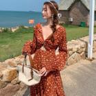 Long-sleeve Floral Print Cutout Fishtail Dress